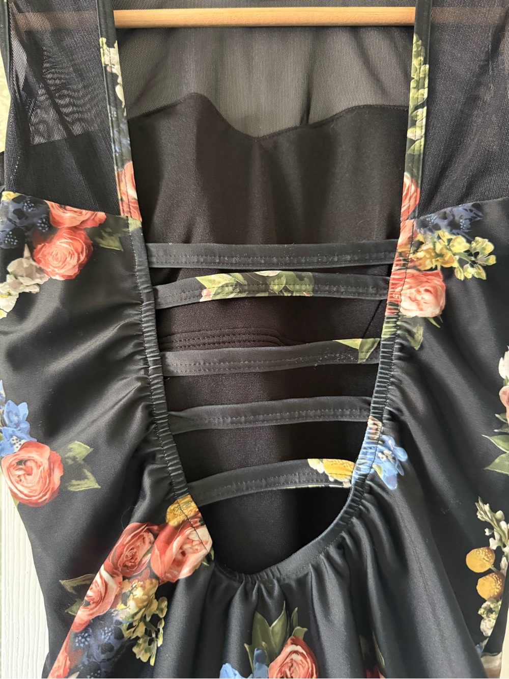 Albion Black Floral Strappy one piece with Pink Rose Accents - Picture 5 of 6